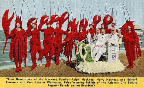 "Three generations of the Hackney Family . . .  with their Lobster Waitresses - Prize-Winning Exhibit of the Atlantic City Beauty Pageant on the Boardwalk." #joescrabshack James Ensor, Flash Ideas, Atlantic City New Jersey, Weird Vintage, Family Show, Vintage Card, Atlantic City, Seafood Restaurant, Beauty Pageant