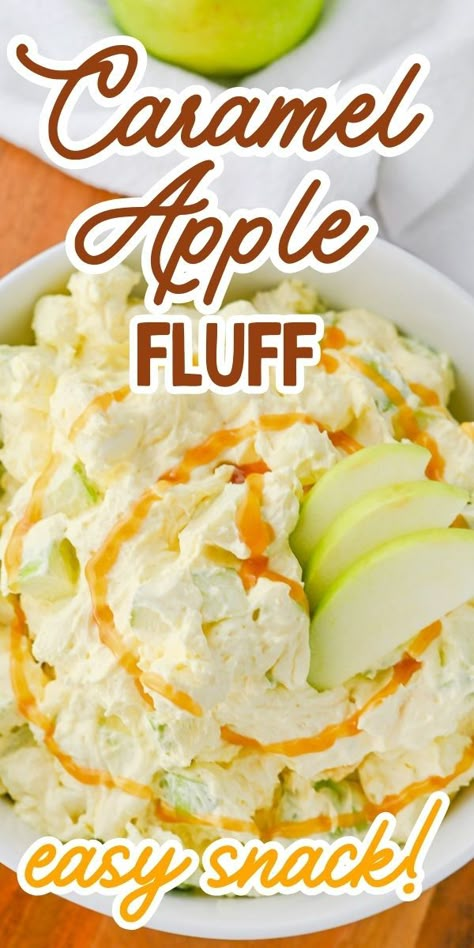 This easy Caramel Apple Fluff recipe is quick to whip up in 20 minutes with sweet and irresistible classic fall flavors. The delicious combination of 6 simple ingredients with chunks of tart apples, cool whip, vanilla pudding, mini marshmallows and caramel makes an easy dessert or salad for potlucks and family gatherings. Caramel Apple Fluff, Recipes Using Marshmallows, Marshmallow Dessert Recipes, Pan Dinner Recipes, Caramel Apple Salad, Marshmallow Fluff Recipes, Fluff Salad Recipes, Best Easy Dessert Recipes, Marshmallow Desserts