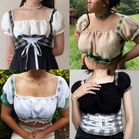 Corset Free Pattern, Choker Crochet, Under Bust Corset, Crochet Ruffle, Sport Weight Yarn, Underbust Corset, Square Neck Top, Cottagecore Aesthetic, Puffy Sleeves