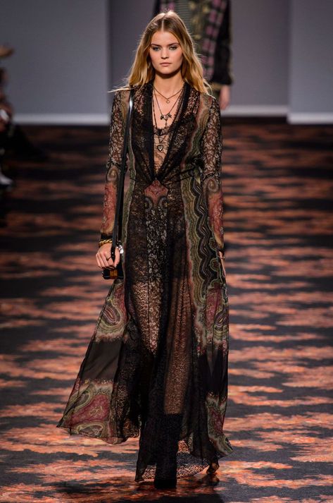 Fashion show, Runway, Fashion model, Style, Dress, Fashion, Beauty, Model, Haute couture, Long hair, Dark Romanticism Aesthetic Outfit, High Fashion Witch, Bohemian Runway, Etro Runway, Style Manifestation, Dark Boho Fashion, Dark Romanticism, Look Kimono, Psych Rock