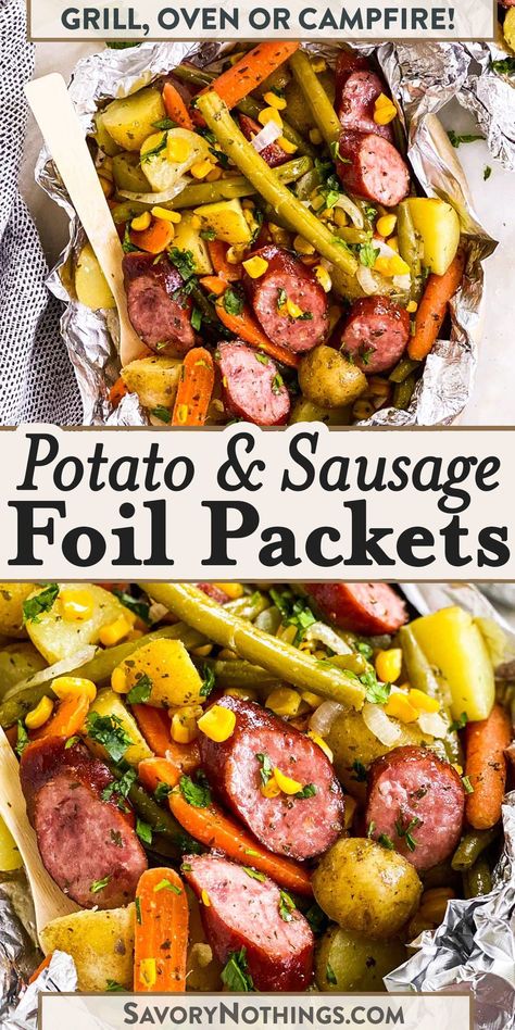 These potato and sausage foil packets are quick to put together with minimal clean up for the perfect easy dinner. Whip them up on the grill on hot summer days, or make them in the oven if you prefer – this recipe is perfectly versatile! | #foilpackets #sausagerecipes #dinnerrecipes Sausage Tin Foil Dinner, Grill Packet Recipes, Sausage Potato Foil Packets Oven, Healthy Foil Packet Meals Ovens, Polish Sausage Foil Packets, Foil Pockets In Oven, Foil Wraps In Oven, Foil Bags On Grill, Jambalaya Foil Packets