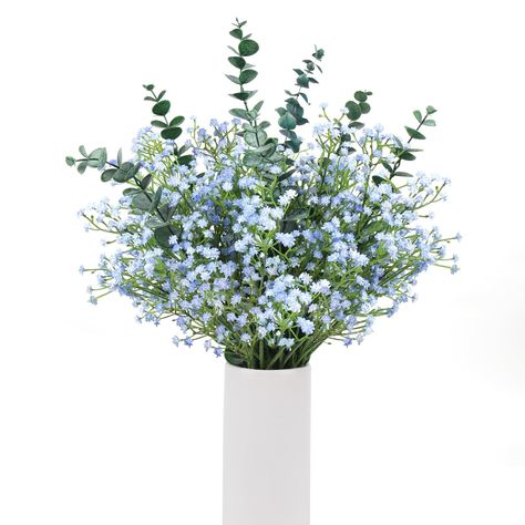 PRICES MAY VARY. 💚What you get : Total 18pcs.Package includes 8pcs artificial eucalyptus leaves stems and 10pcs artificial blue babys breath stems. 💛Size: Each eucalyptus stem is approximately 16.9 inches high,each stem about 32 pcs eucalyptus leaves. Lifelike artificial baby's breath bush 20.5inches high.The stems are iron wire inside, you can bend the branch into different shapes or cut any height you want. 💚Material: Made of silk and plastic material. The plastic waterproof stems are wired Wedding Inspo Centerpiece Ideas, Faux Floral Arrangement Wedding, Blue Bridal Shower Desserts, Blue And White Baby Shower Flowers, Babys Breath Table Decoration, Baby Blue Table Setting, Green And Blue Centerpieces, Beachy Floral Arrangements, Baby Breath Baby Shower Decor