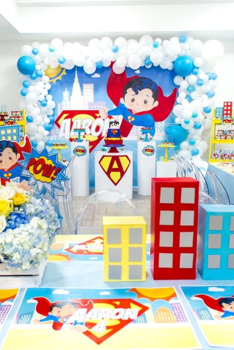 Superman Birthday Party on Kara's Party Ideas | KarasPartyIdeas.com (15) Superman 1st Birthday Party, Superman Themed Birthday Party, Superman Party Ideas, Superman Party Decorations, Superman Baby Shower, Birthday Party Decoration Ideas, Superman Birthday Party, Themed Birthday Party Ideas, Superman Party