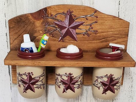 Mason Jar Wall Decor Primitive Star Decor Bathroom Mason - Etsy Primitive Wooden Crafts, Mason Jar Holder Diy, Country Farmhouse Bathroom Ideas, Bathroom Mason Jars, Primitive Star Decor, Americana Bathroom, Primitive Bathroom Ideas, Country Craft Ideas, Mason Jar Wall Decor