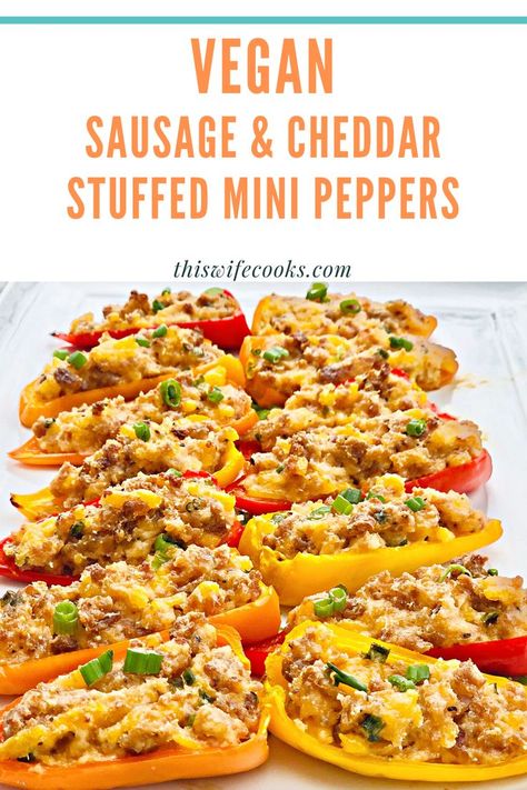 Vegan Sausage and Cheddar Stuffed Mini Peppers | Sweet mini peppers are stuffed with a savory filling of simple ingredients then baked for an easy make-ahead appetizer! These colorful, flavorful crowd-pleasing bites are ready to serve in under 30 minutes! | thiswifecooks.com | #veganappetizers #veganstuffedpeppers #thiswifecooksrecipes via @thiswifecooks Vegan Stuffed Mini Peppers, Stuffed Peppers Appetizer, Sweet Pepper Recipes, Easy Make Ahead Appetizers, Vegan Stuffed Peppers, Veggie Recipe, Mini Peppers, Vegan Queso, Stuffed Mini Peppers