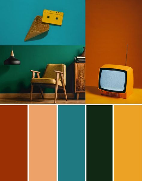 Fun, Bright, Bold, Neutral, Rust, Emerald Green, Retro, Mid Century Color Palette. Mid Century Colours Color Palettes, Modern Vintage Colour Palette, 70s Interior Color Palette, 70s Home Color Palette, Modern Mid Century Color Palette, Neutral Bold Color Palette, Mid Mod Color Palette, 1970s Color Palette Interior Design, Vintage Green Palette