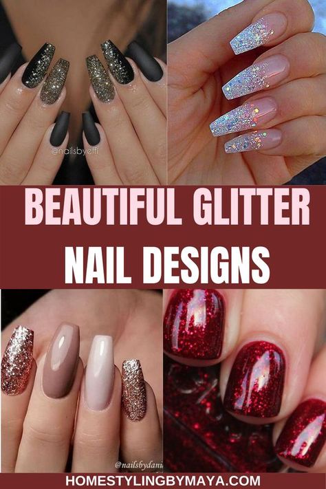 Nail Color For New Years Eve, French Nail Ideas Sparkle, Dip Nail Ideas New Years, Sparkle Dip Nails Ideas, Nails Design For New Years, Christmas Nail Glitter Designs, Glitter Design Nails Acrylic, Gel Nails Ideas Sparkle Glitter, Vegas Nail Ideas Sparkle