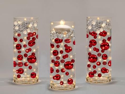 Xmas Party Centerpieces, 40th Anniversary Table Decorations, Red And Gold Centerpieces, Christmas Party Decorations Elegant, Vase Decorations, Red Centerpieces, Pearl Centerpiece, Light Images, Vase Fillers