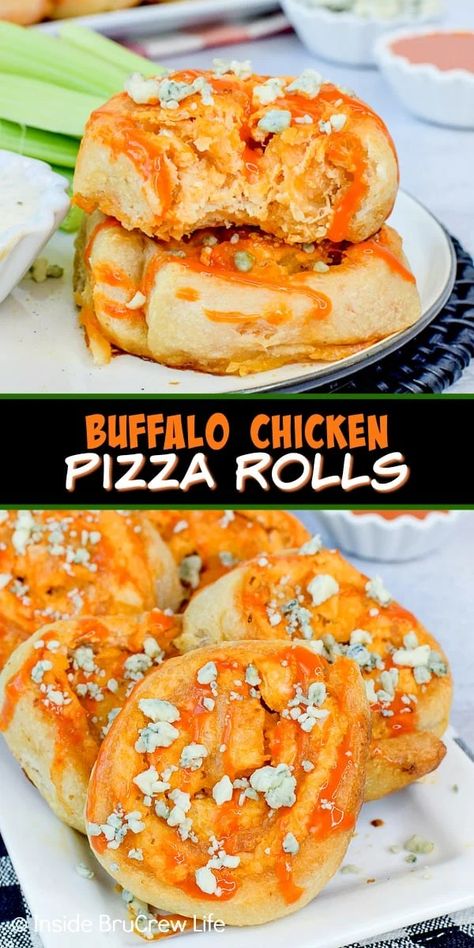 Buffalo Chicken Pizza Rolls - these easy pizza rolls are stuffed with your favorite buffalo chicken dip. Make this easy recipe for game day or football parties. Tailgating Appetizers, Easy Pizza Rolls, Buffalo Chicken Appetizers, Gameday Appetizers, Pizza Rolls Recipe, Buffalo Chicken Rolls, Weekend Snacks, Tailgate Recipes, Pizza Roll Recipe