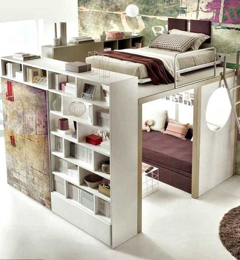 8 Creative loft ideas for small spaces with high ceiling | http://www.godownsize.com/creative-loft-ideas-small-spaces-high-ceiling/ A Loft Bed, Bilik Idaman, Teen Girl Bedroom, Bilik Tidur, Girl Bedroom Designs, Small Room Design, Teenage Bedroom