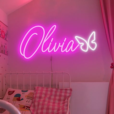 Lighting Name Board Design, Led Lights Signs, Cute Neon Signs For Room, Light Signs For Bedroom, Cute Led Signs, Neon Room Signs, Light Name Plate, Led Signs Bedroom, Pink Led Sign