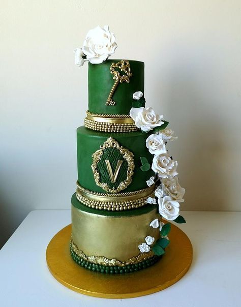 Wedding green gold cake by Anastasia Krylova - https://cakesdecor.com/cakes/346526-wedding-green-gold-cake Emerald Green Quinceanera Theme Wedding Table Decor, Emerald Green Cake, Emerald Wedding Cake, Wedding Cake Emerald Green, Emerald Green Quinceanera Theme, Green Quinceanera Theme, Green And Gold Wedding, Quince Cakes, Quince Cake