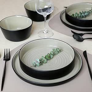 Stone Lain Elica 12-Piece Dinnerware Set Stoneware, Beige and Black Rimmed Plates, Black Dinnerware Set, Dinnerware Set Modern, Black Dinnerware, Plates And Bowls Set, Modern Dinnerware, Stoneware Dinnerware Sets, Beige Stone, Dinner Bowls