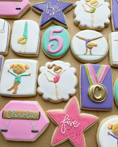 Frozen Gymnastics Birthday Party, Gymnastics Bday Party Ideas, Gymnastics Themed Cupcakes, Gymnastics 3rd Birthday Party, Gymnastics Party Food Ideas, Tumbling Into Two Birthday, Gymnastics Party Theme, Princess Gymnastics Party, Gymnastics Birthday Cookies