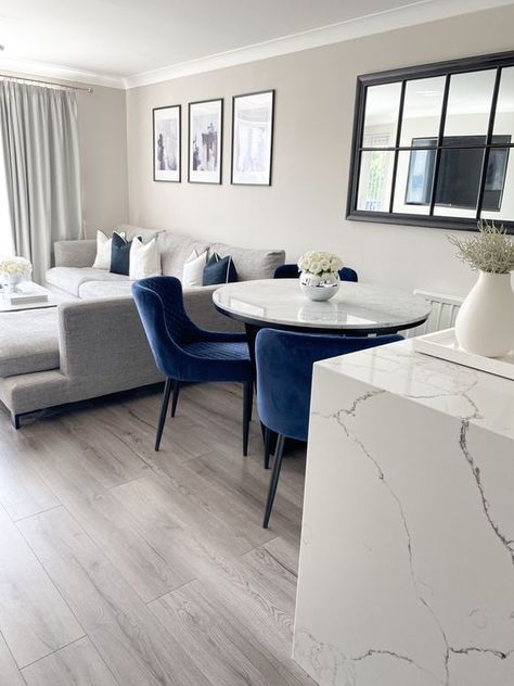 Black White Gray Navy Living Room, Apartment Decorating Blue And Gray, Grey And Blue Apartment Decor, Grey And Blue Dining Room, Navy Apartment Decor, Navy Blue Apartment Decor, Living Room Grey And Blue, Apartment Living Room Blue, White And Blue Dining Room