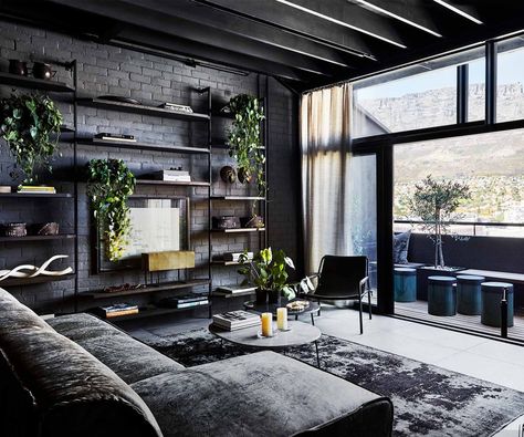 An industrial-style apartment with a dark and moody monochrome palette Brick Living Room, Monochrome Palette, Industrial Living, Industrial Livingroom, Industrial Interior Design, Design Industrial, Industrial House, Decoration Inspiration, Decor Minimalist