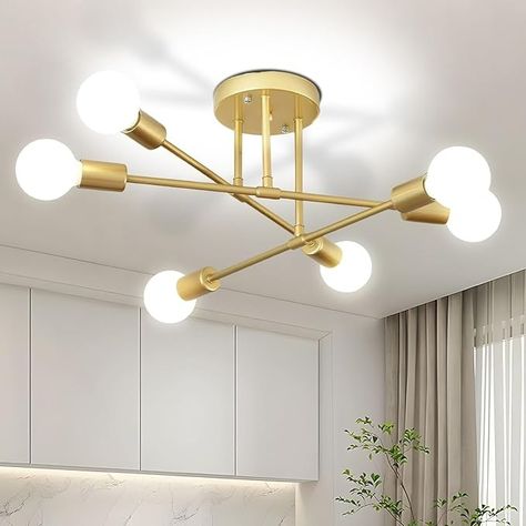 SPOLI Ceiling Light Modern Flush Mount LED Ceiling Light Fixture 6-Light Gold Chandeliers Ceiling Lamp for Living Room Dining Room Bedroom Kitchen Hallway Porch Attic Corridor Staircase - Amazon.com Minimalist Ceiling Light, Dining Room Ceiling, Sputnik Chandelier, Lamp For Bedroom, Chandelier Style, Modern Light Fixtures, Ceiling Chandelier, Ceiling Decor, Led Chandelier