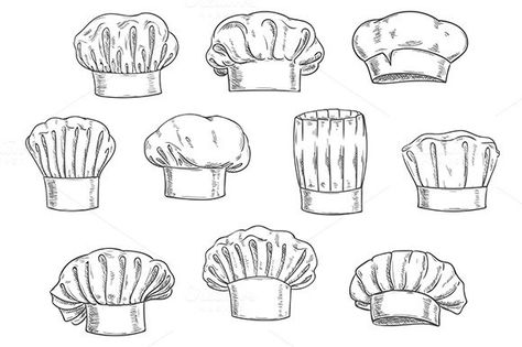 Set of chef toques and hats. $8.00 Cooking Chief, Utensils Drawing, Sketch Icon, Caps And Hats, Professional Cooking, Staff Uniforms, Doodle Icon, Art Drawings Sketches Pencil, Chef Hat