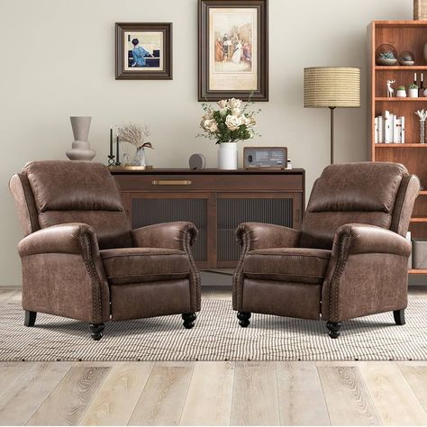 Amazon.com: CANMOV Chocolate Recliner Chair for Relaxing | Faux Leather | Rivet Decoration | Single Sofa, Accent Chair | Living Room : Home & Kitchen Decorating With Recliners Family Rooms, Reading Nook 2 Chairs, Ralph Lauren Inspired Living Rooms, Sitting Room Chairs Furniture, Small Living Room Seating Ideas, Lazy Boy Furniture Living Rooms, Living Room With Recliners Ideas, Recliner Sofa Living Room Decor, Recliners In Living Room