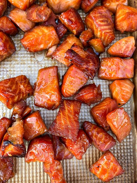 Candied Smoked Salmon Bites Treager Seafood Recipes, Meat Grilling Recipes, Indian Candy Smoked Salmon, Candy Smoked Salmon Recipe, Smoked Fall Recipes, Smoked Meats Recipes Smokers, Salmon Jerky In Smoker, Candy Salmon Smoked, Trager Smoker Salmon