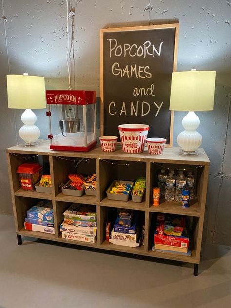 Snack Bar For Game Room, Chic Game Room Ideas, Popcorn Bar Home Theater, Garage Snack Bar, Movie Area Ideas, Bedroom Movie Theater, Family Hang Out Room, Downstairs Hangout Room, Movie Bonus Room