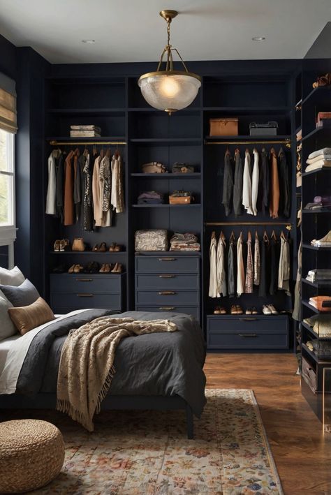 closet organization systems, walk-in closet design, custom closet solutions, bedroom storage solutions Adult Closet Organization Ideas, Dark Closet Interior, Closet Design With Vanity, Cloth Room, Masculine Closet Ideas, Glamorous Closet, Masculine Dressing Room, Masculine Closet, Moody Closet Ideas