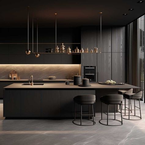 7+ Stunning Ideas for Modern Dark Kitchen Designs • 333k+ Inspiring Lifestyle Ideas & Images Diagonal Kitchen, Dark Modern Kitchen, Modern Dark Kitchen, Modern Black Kitchen, Black Modern Kitchen, Black Kitchen Island, Black Kitchen Cabinets, Dark Kitchen, Modern Cabinet