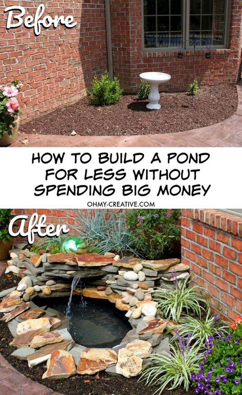 How to build a beautiful pond for less | OHMY-CREATIVE.COM | Pond | Water Feature | Landscaping | Backyard | Backyard Pond | Do It Yourself | DIY | Fishpond Front Yard Pond Ideas Water Features, Pond By House, Diy Pond With Waterfall, Build A Pond, Small Backyard Ponds, Diy Ponds Backyard, Beautiful Pond, Taman Diy, Taman Air