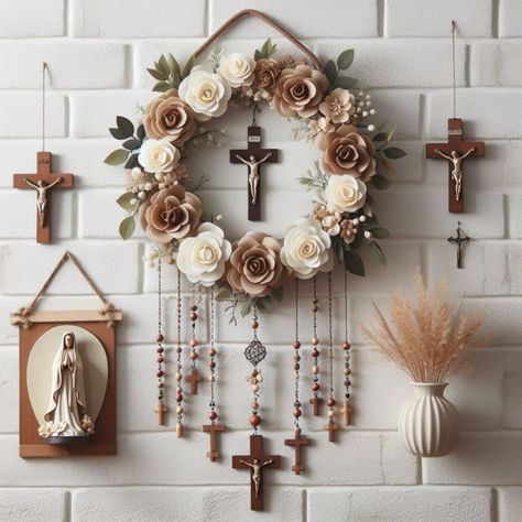 Discover 14+ Catholic Home Decor Ideas to Transform Your Space » HomeDecorFull Altar Design Home Catholic, Catholic Altar Home Ideas, Home Altar Catholic Beautiful, Wall Altar Ideas Catholic, Holy Family Pictures, Cross Collage, Catholic Wall Decor, Home Altar Catholic, Catholic Home Decor