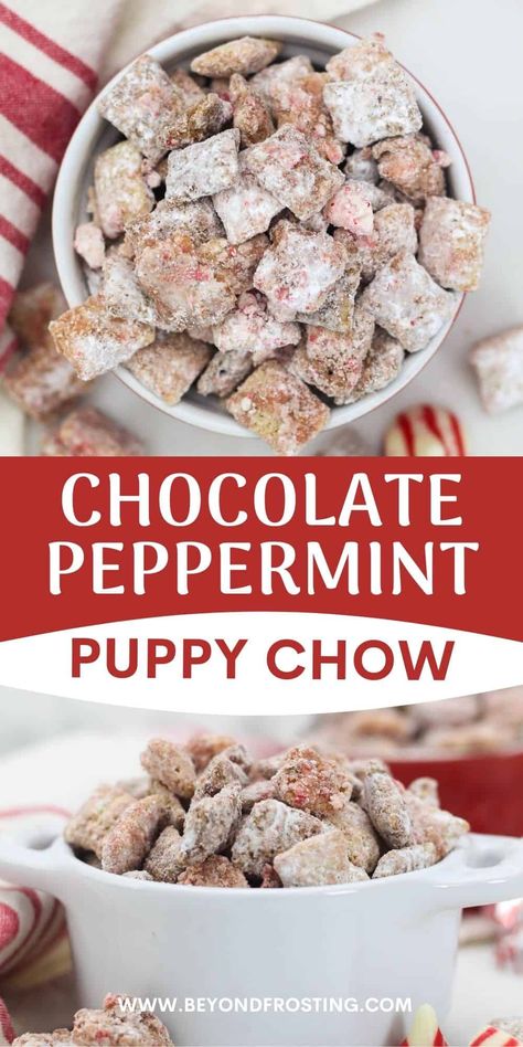 This Peppermint Puppy Chow is a simple yet crowd-pleasing holiday treat made with chocolate Chex, peppermint candy, and chocolate spread. It's the perfect Christmas dessert! Peppermint Puppy Chow Recipe, Peppermint Puppy Chow, Puppy Chow Cookies, Puppy Chow Christmas, Puppy Chow Chex Mix Recipe, Puppy Chow Recipe, Chex Mix Puppy Chow, Chow Puppy, Chocolate Chex