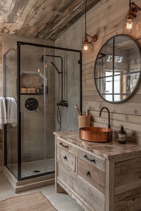 Discover the perfect blend of rustic charm and modern design in this stunning bathroom. Featuring a sleek glass shower, wooden vanity, and copper accents, it's a tranquil retreat. Upgrade your space with these modern bathroom ideas! #BathroomInspo #HomeDecor #ModernBathroomIdeas Modern Bathroom Design Guest, Vaulted Ceiling Bathrooms, Country Cottage Shower Room, Bathroom With Copper Accents, Rustic Ensuite Bathroom Ideas, Barndominium Ideas Interiors Bathroom, Barndo Bathroom Ideas, New Bathroom Designs 2024, Rustic Tile Bathroom