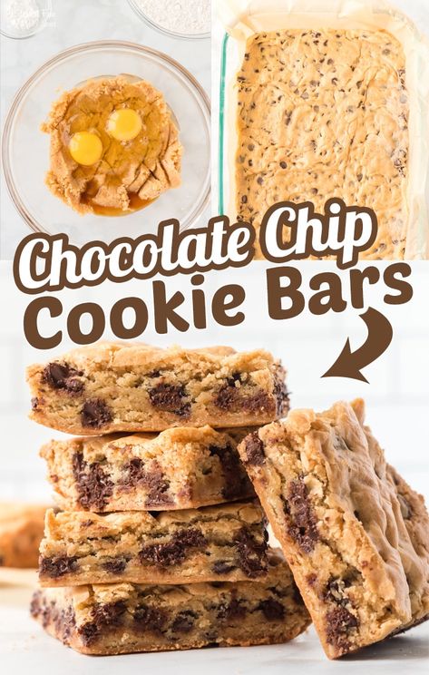 Soft and chewy, these Chocolate Chip Cookie Bars need just 10 minutes of your time! Enjoy the soft, buttery texture of cookies loaded with semi-sweet chocolate chips, without any of the fuss of scooping the dough or waiting for batches to bake. Fun Food Ideas For Kids, Chewy Chocolate Chip Cookie Bars, Chocolate Chip Cookie Bar Recipe, Chips Recipes, Chocolate Chip Cookie Brownies, Oatmeal Chocolate Chip Bars, Make Chocolate Chip Cookies, Soft Cookies, Fantastic Recipes