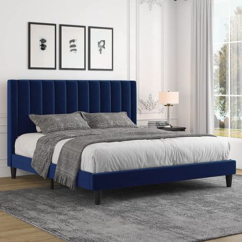 Bed Frame Velvet, Channel Tufted Headboard, Velvet Upholstered Bed, Upholstered Bed Frame, Tufted Headboard, Wooden Slats, Upholstered Bed, Platform Bed Frame, Box Spring