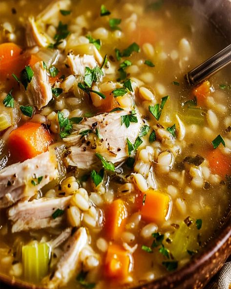 Chicken Barley Soup Recipe: Comforting & Healthy Dinner Idea Chicken And Barley Soup Recipes, Creamy Chicken Barley Soup, Chicken Barley Soup Instant Pot, Chicken Barley Stew, Barley Chicken Soup, Chicken And Bean Soup Recipes, Chicken And Barley Recipes, Chicken Thighs Soup Recipes, Recipes With Barley