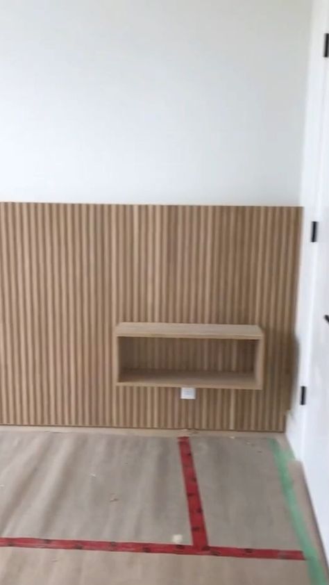 Custom White Oak Slat Headboard By Refined Interiors + Co | Bedroom interior, Minimalist bedroom, Bedroom decor design Slat Bedroom Wall Ideas, Wooden Slat Wall Interiors Bedroom, Slat Wall Bedroom Ideas, Slat Headboard With Shelves, Slated Wall Bedroom, Pole Wrap Accent Wall Bedroom, Japandi Master Room, Slat Wall Behind Bed, Pole Wrap Headboard