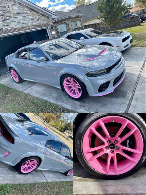 Grey And Pink Hellcat, Camero Cars Chevrolet, Pink Hellcat Charger, Boujee Cars, Pink Hellcat, Baddie Cars, Hellcat Car, Girl Cars, Holographic Car