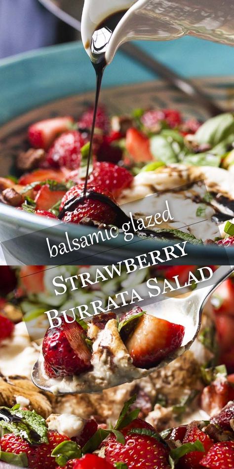 Dive into summer with this easy strawberry burrata salad! Fresh strawberries and creamy burrata are tossed with mint, basil, and pecans then topped with a honey balsamic glaze. | justalittlebitofbacon.com #summerrecipes #strawberries #saladrecipe #burrata Buratta Recipe, Grilled Strawberries, Honey Balsamic Glaze, Burrata Recipe, Strawberry Chicken Salad, Gourmet Salad, Burrata Salad, Mint Salad, Honey Balsamic