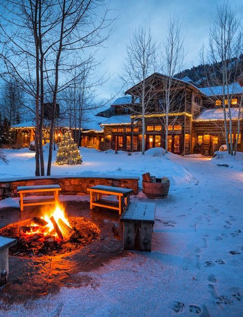 Yuletide twilight at the Granite Lodge. The Ranch at Rock Creek plans the ultimate country Christmas celebration with luxurious accommodations; locally sourced cuisine; fireside cocoa and cocktails; and all-inclusive snowy adventures, like horseback riding, ice skating, downhill skiing and snowboarding and mountain peak UTV tours. Bonfire Pit, Lodge Aesthetic, Montana Landscape, Alpine Lodge, Winter Lodge, Christmas Lodge, Guest Ranch, Spa Retreat, Rock Creek