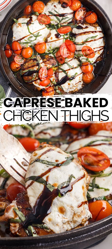 Getting a delicious dinner on the table is easy with Caprese Baked Chicken Thighs! The whole family will love this Italian-inspired dish! #BreadBoozeBacon #caprese #chicken #chickenthighs #mozzarella #tomato #basil #balsamic #balsamicglaze #italianfood #easydinner Mozzarella Tomato Basil, Baked Caprese Chicken, Balsamic Chicken Thighs, Bread Booze Bacon, Tomato Basil Chicken, Mozzarella Tomato, Caprese Recipes, Chicken With Italian Seasoning, Mozzarella Chicken