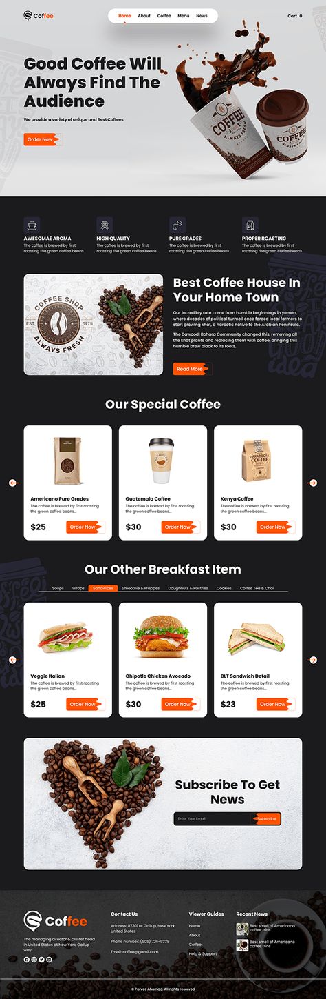 Coffee shop website on Behance Web Design Coffee Shop Website, Website Design Coffee Shop, Coffee Shop Website Design Inspiration, Cafe Website Design Layout, Cafe Website Design Inspiration, Coffee Website Design Inspiration, Web Layout Design Website Ideas, Cafe Web Design, Website Shop Design