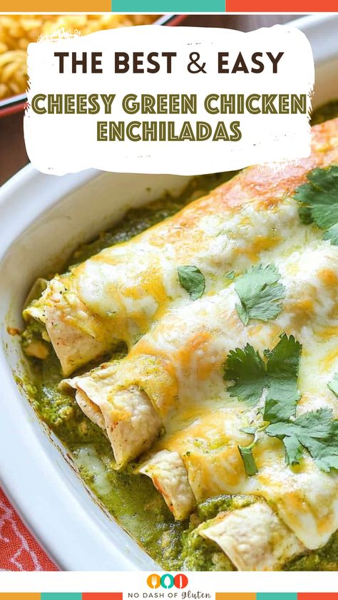 These Cheesy Green Chicken Enchiladas are loaded with tender chicken, green chiles, and plenty of melty cheese, all wrapped in soft tortillas and topped with a rich green enchilada sauce. Perfect for a quick and easy dinner! Whether you're feeding the family or prepping ahead, these enchiladas will become your go-to comfort food. Don't forget to pin this for later! Try it tonight and share your results! Chicken Lime Enchiladas, Creamy Chicken Enchiladas Verde, Green Enchiladas With Cream Cheese, Quick Chicken Enchiladas Easy Dinners, Easy Chicken Enchiladas Using Rotisserie Chicken, Chicken And Green Chili Enchiladas, Green Enchilada Sauce Chicken Crockpot, Green Turkey Enchiladas, Green Chicken Crockpot