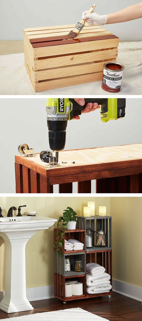 Turn ordinary wooden crates into cool bathroom storage on wheels. Just follow our step-by-step tutorial. Projek Diy, Diy Bathroom Storage, Bedroom Organization, Hemma Diy, Bathroom Storage Shelves, Diy Casa, Diy Bedroom, Organization Diy, Creation Deco