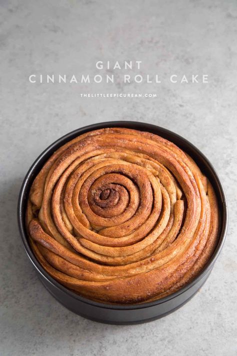 Birthday Cinnamon Roll Cake with Cream Cheese- The Little Epicurean Cinnabon Cinnamon Roll Cake, Cinnamon Roll Cheesecake, Break Fast, Cinnamon Roll Cake, Breakfast Pastries, Sticky Buns, Cinnamon Toast, Easy Cinnamon, Roll Cake