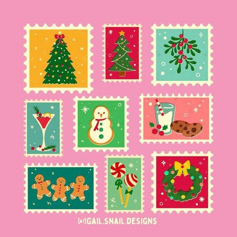 Christmas Stamps Illustration, Christmas Stamp Illustration, Vintage Christmas Stamps, Cute Christmas Illustration, Christmas Card Illustration, Christmas Graphic Design, Illustration Christmas, Christmas Card Art, Christmas Graphics