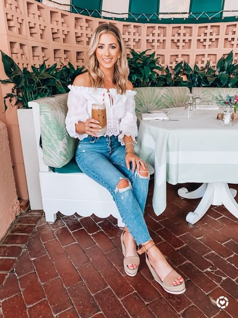 Spring outfit, high rise ripped mom jeans and see by Chloe wedges. Off shoulder white top is perfect for spring and summer! Wedge Outfit Spring, Outfits With Wedges, Wedge Outfit, Cabo Outfits, Los Angeles Itinerary, Chloe Wedges, Loving Tan, Wedges Outfit, Outfit With Wedges