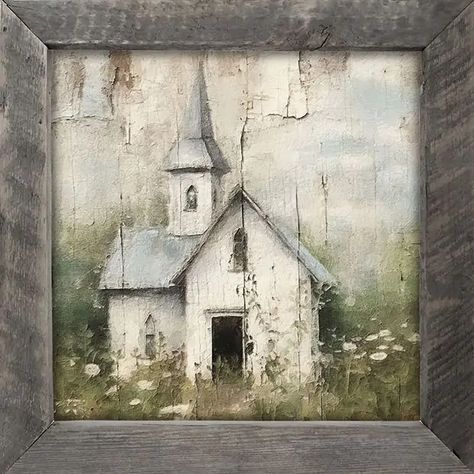 Painted Churches, Farmhouse Old, Farm Prints, Church Wall Art, Farmhouse Paintings, Primitive Painting, Old Country Churches, Church Pictures, Natural Paper