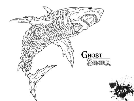 Cool Shark Tattoo Ideas, Ghost Shark Tattoo, Megalodon Shark Tattoo, Zombie Shark Tattoo, Shark Skeleton Drawing, Megalodon Tattoo, Shark Skeleton Tattoo, Nemo Drawing, Shark Skull