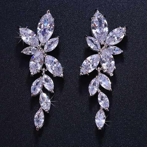 CWW Zircons Elegant Diamond Leaves Drop Wedding Stud | Etsy Crystal Earrings Wedding, Crystal Bridal Earrings, Bridal Earrings Drop, Long Drop Earrings, Sparkly Earrings, Wedding Bridal Jewellery, Zirconia Earrings, Diamond Drop Earrings, Leaf Earrings