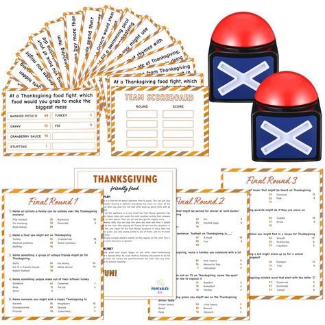 PRICES MAY VARY. Thanksgiving Friendly Feud Game Set: this Thanksgiving feud card game includes 1 game instruction card, 2 score cards, 12 question cards and 3 quick final game cards, 18 cards in total in the package, everything you need for a lively Thanksgiving party trivia quiz is included Game Buzzers: the family feud game for adults with buzzer has open rules and easy to follow instructions to ensure smooth game play; The two included buzzers powered by 4 batteries (not included), and press Thanksgiving Family Feud Questions, New Year Trivia, Family Games Thanksgiving, Kids Thanksgiving Games, Christmas Friendly Feud, Taboo Cards, Thanksgiving Family Games, Family Feud Game, Christmas Games For Family