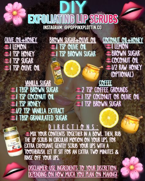 Diy Lip Scrub, Lip Scrub Recipe, Exfoliating Lip Scrub, Lip Scrub Diy, Lip Scrubs, Lip Exfoliator, Clear Skin Tips, Beauty Tips For Glowing Skin, Diy Scrub